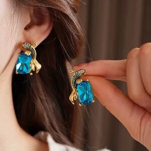 Gold and Blue Fish Design Earrings